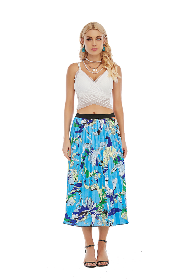 Blue Printed Pleated Skirt